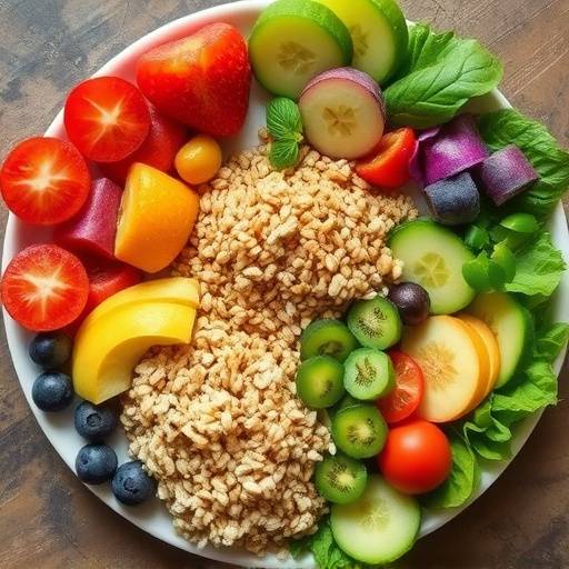 A colorful plate of healthy foods with fruits, vegetables, and whole grains.