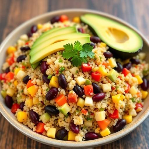 A colorful quinoa salad with black beans, corn, and avocado.