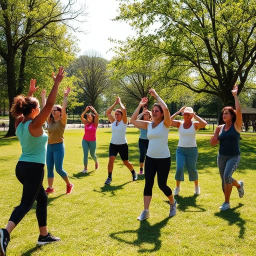 A diverse group of people happily exercising together in a park setting