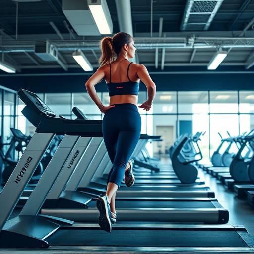 A woman running on a treadmill in a gym